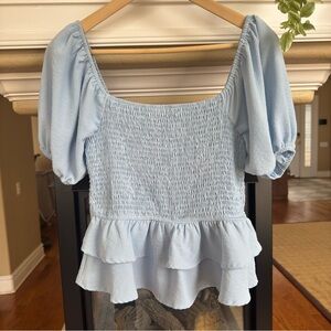 Altar'd State Light Blue Smocked Puff Sleeve Babydoll top Ruffle Delicate Size M